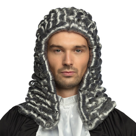 Gray judge wig for adults made of 100% polyester, packaged in a box, ideal for police or SWAT costume accessories.
