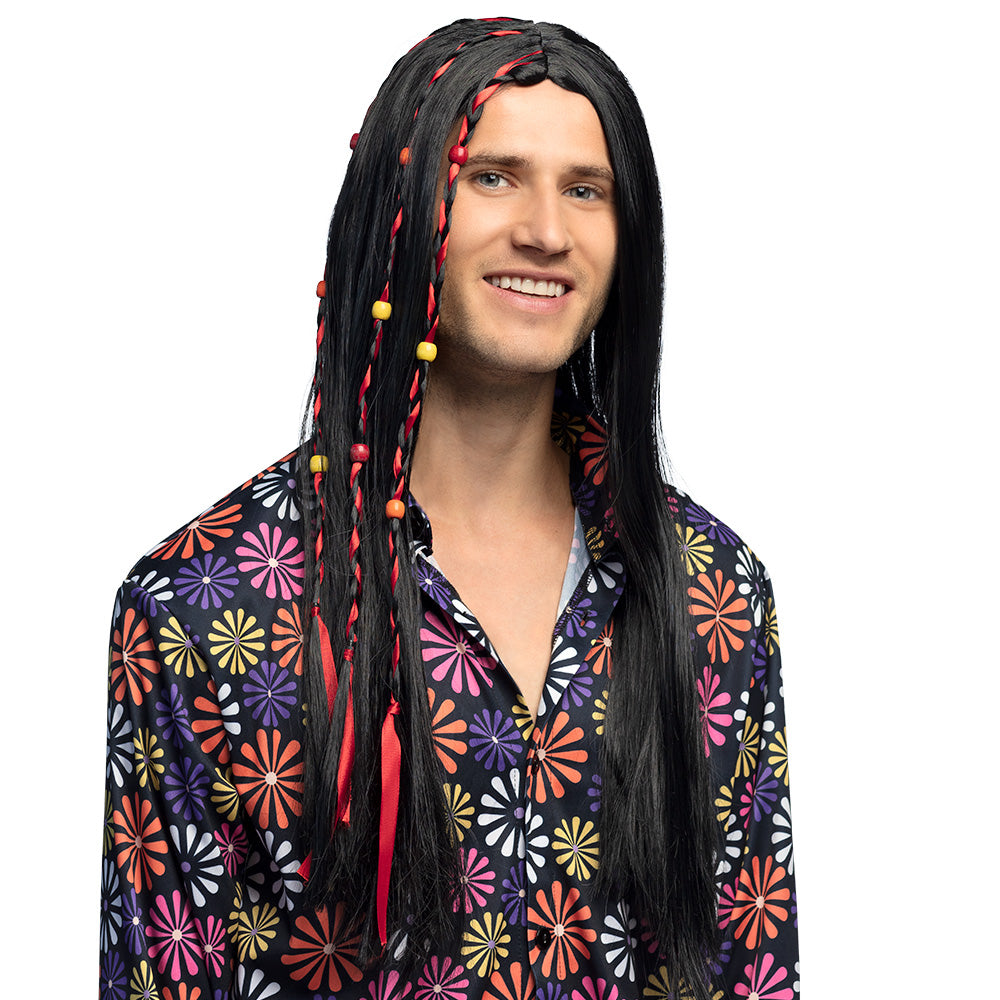 Brown Flower Power wig with beads, 100% polyester, 60s and 70s hippie costume accessory for adults, unisex, packaged in a box.