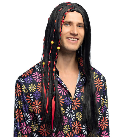 Brown Flower Power wig with beads, 100% polyester, 60s and 70s hippie costume accessory for adults, unisex, packaged in a box.