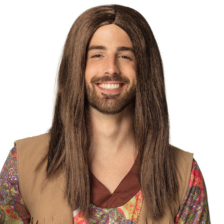Long brown men's wig inspired by 60s and 70s hippie style, made of 100% polyester, ideal for adult costumes.