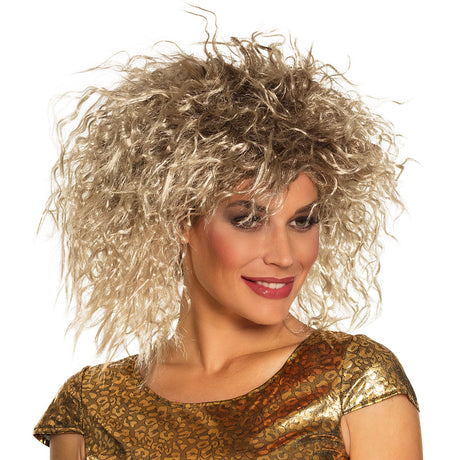 Blonde rock queen wig for women made of 100% polyester, adult size, packaged in a box, ideal for rock and punk costumes.
