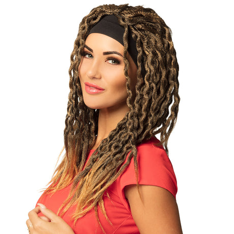 Emily wig for women with headband, brown color, 100% polyester, adult size, packaged in a box, ideal for rasta and costume styles.