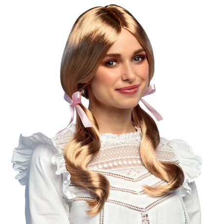 Blonde schoolgirl wig for women with ribbons, made of 100% polyester, adult costume accessory in box packaging.