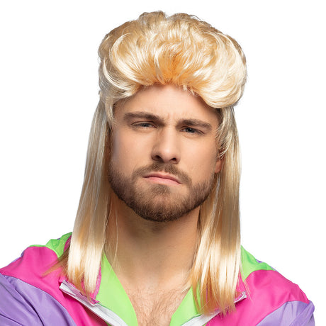 Blonde Larry wig for men, 90s old school style, made of 100% polyester, adult costume accessory in box packaging.
