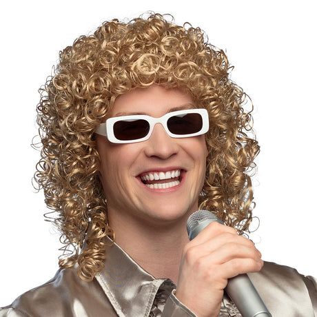 Blonde singer wig for men with party glasses, 100% polyester, adult costume accessory.