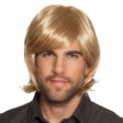 Blonde spiked wig for men made of 100% polyester, adult size, displayed in a box, ideal for costumes and cosplay.