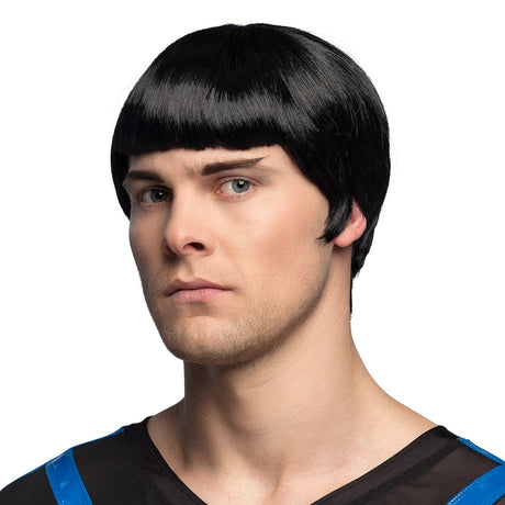 Black space officer wig for men made of 100% polyester, adult costume accessory in box packaging.