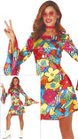 Adult women's multicolored hippie costume from the 60s, made of polyester, ideal for themed parties and retro events.