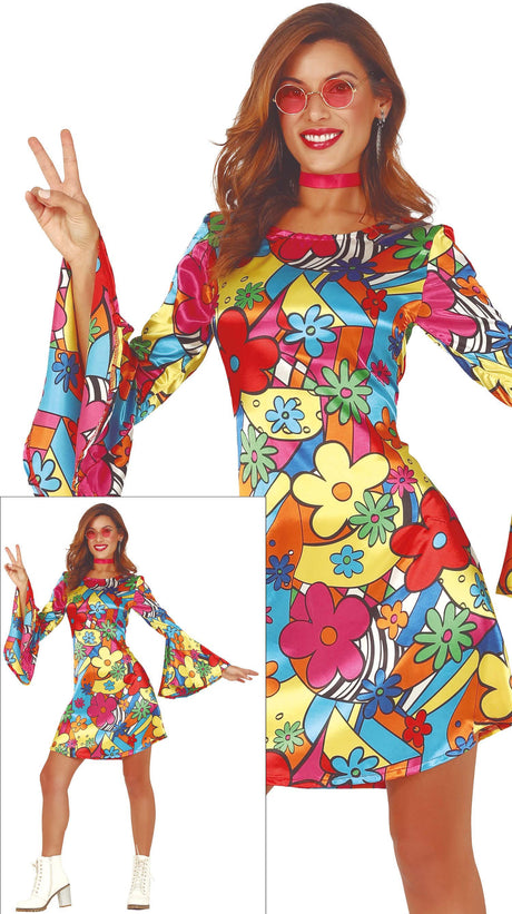 Women's multicolor hippie costume for adults, 1960s themed polyester outfit, ideal for retro parties and festivals.