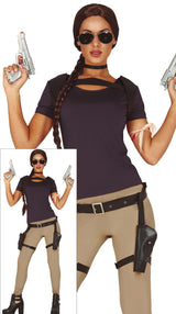 Women's adventurer costume in brown and beige polyester inspired by video game characters, adult size 38-40.