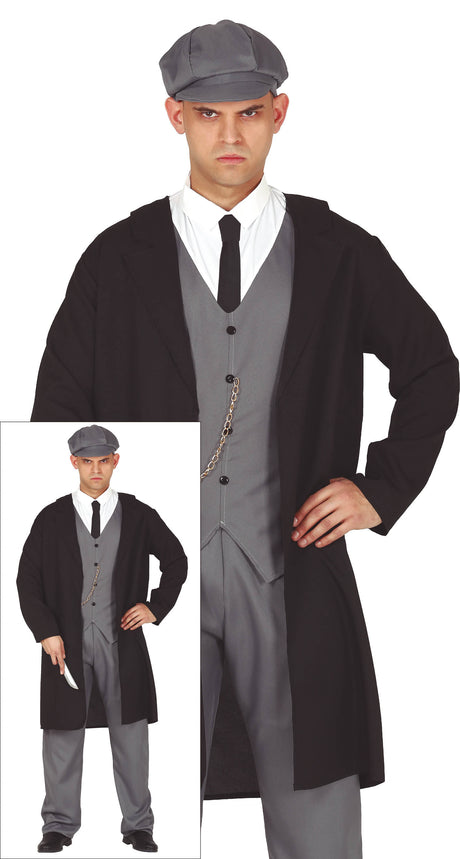 Men's 1920s gangster costume in black and gray polyester, adult size 48-50, perfect for themed parties or events.