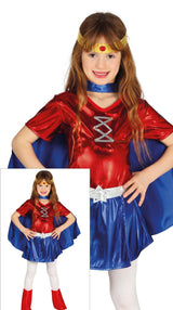 Girls superhero costume for ages 5 to 6 in blue and red polyester, perfect for children's superhero dress-up and animation-themed parties.