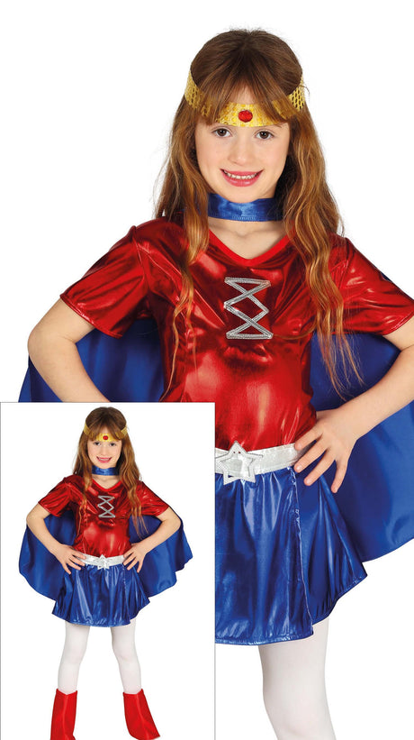 Girls superhero costume for ages 5 to 6 in blue and red polyester, perfect for children's superhero dress-up and animation-themed parties.