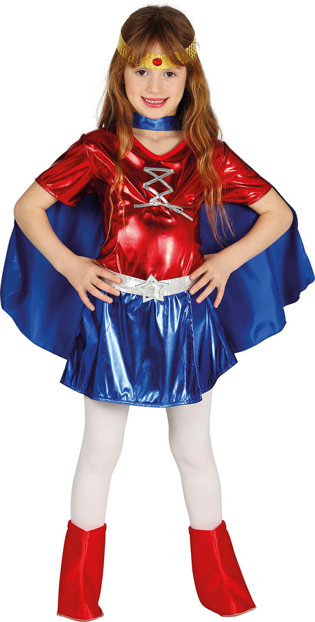 Déguisement super héroïne enfant bleu et rouge 5-6 ans