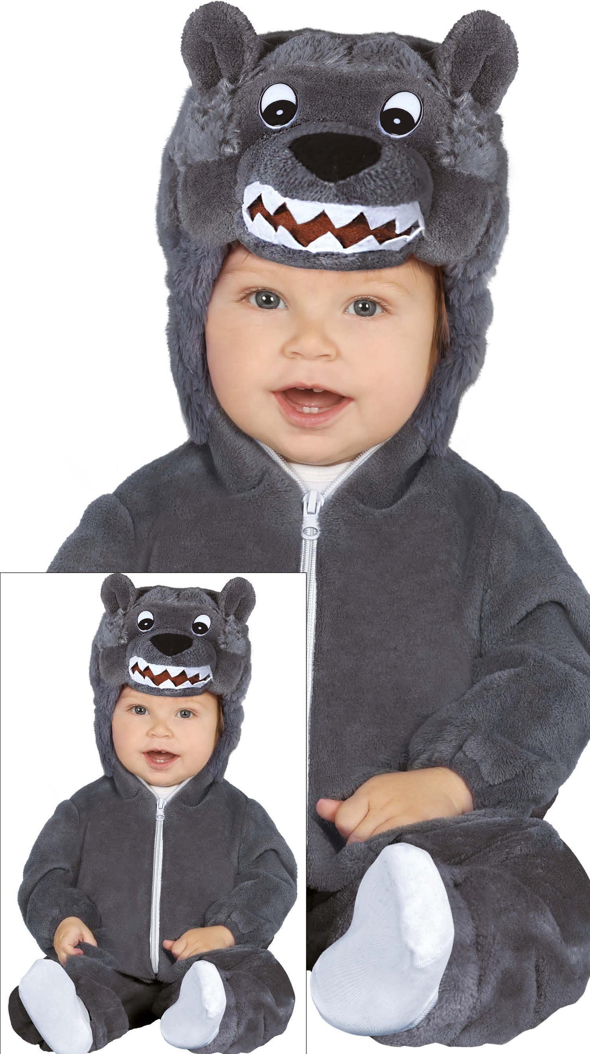 Gray polyester wolf costume for baby unisex ages 12 to 18 months, animal themed outfit ideal for book day and toddler dress up.