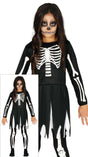 Children's skeleton costume for girls ages 3-4 in black and white polyester, perfect for Halloween dress-up.