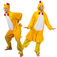 Adult chicken plush costume for adults up to 1.80 meters tall, made of 100% polyester, displayed on hanger.