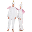 White unicorn plush adult costume made of 100% polyester, fits up to 1.80 meters, ideal for men and women.