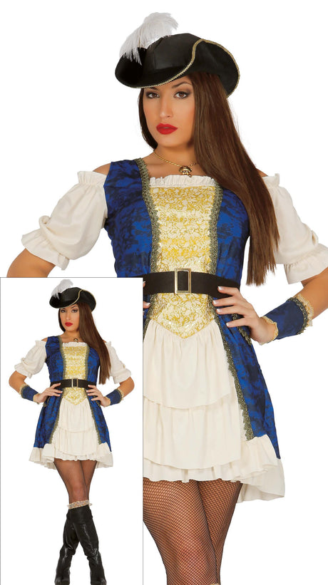 Women's deluxe pirate costume in blue and beige polyester, size small, perfect for adult pirate-themed parties or events.