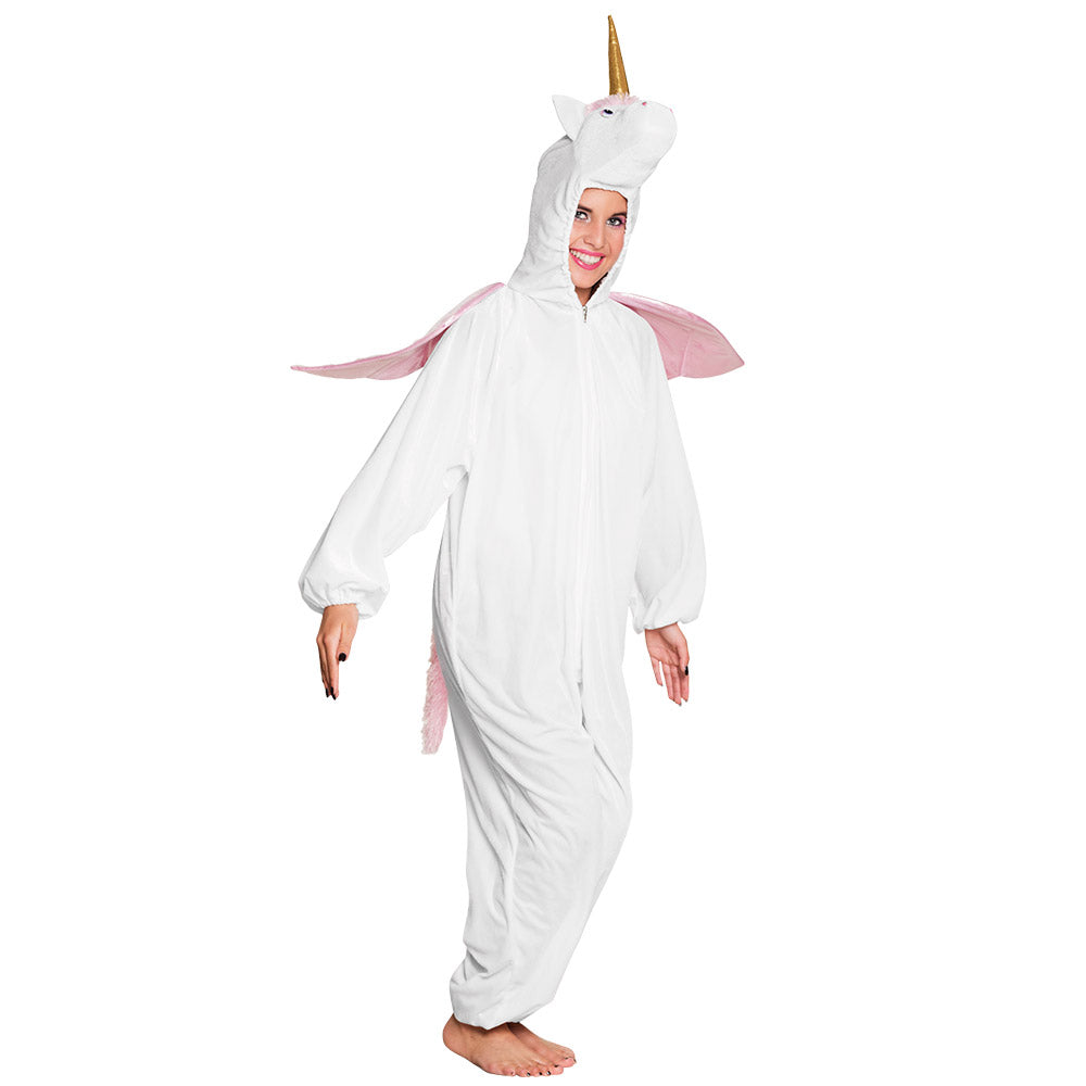 White unicorn plush costume for children up to 1.65 meters, made of 100% polyester, ideal for boys and girls.