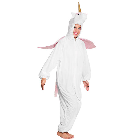 White unicorn plush costume for children up to 1.65 meters, made of 100% polyester, ideal for boys and girls.