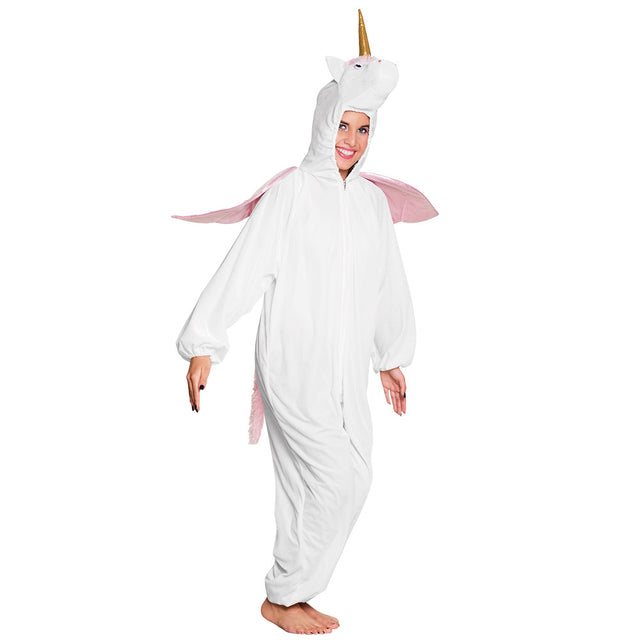 White unicorn plush costume for children up to 1.65 meters, made of 100% polyester, ideal for boys and girls.