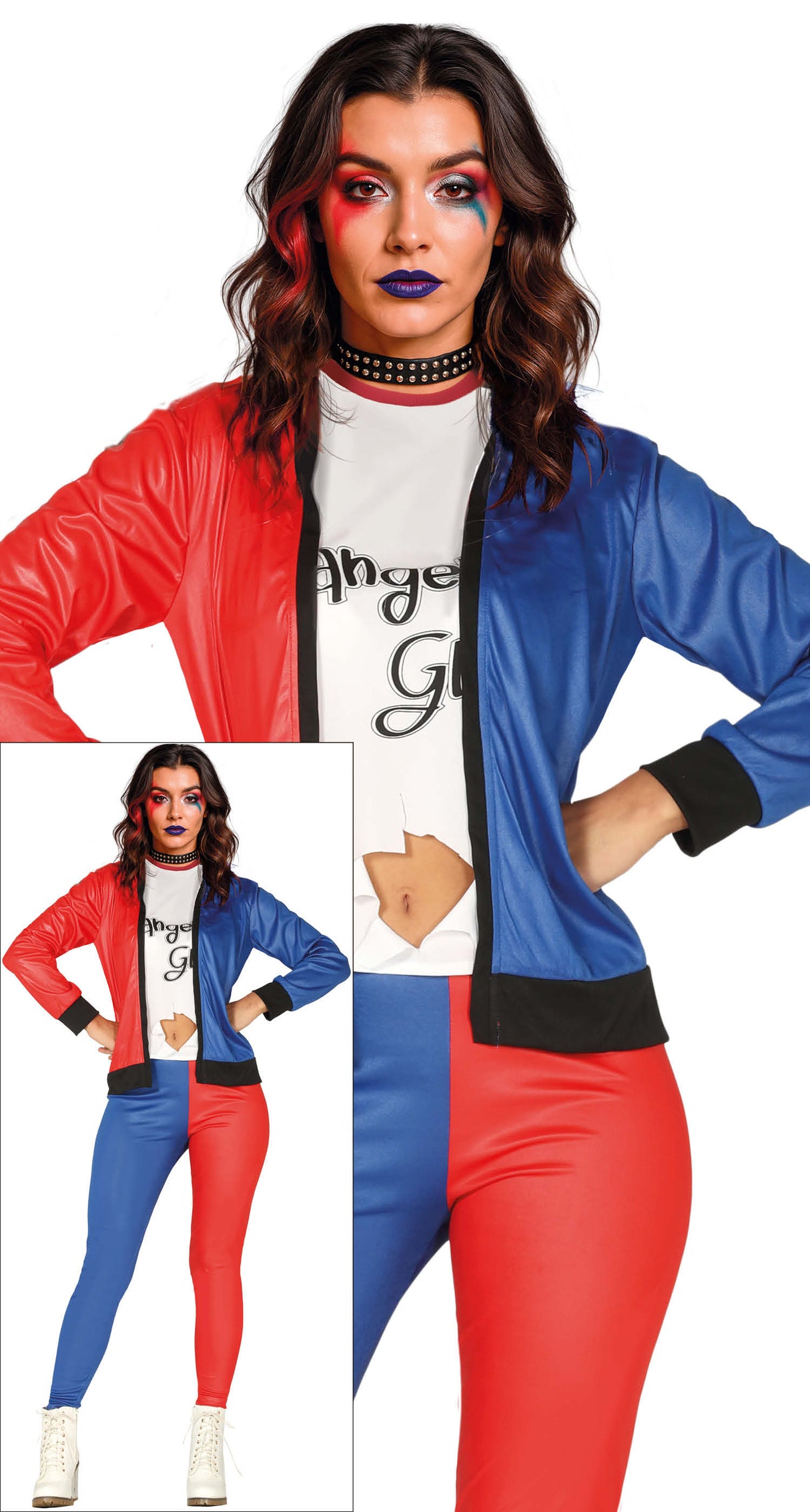 Dangerous Girl adult women's Halloween costume in blue and red polyester, superhero theme, size large 42-44.