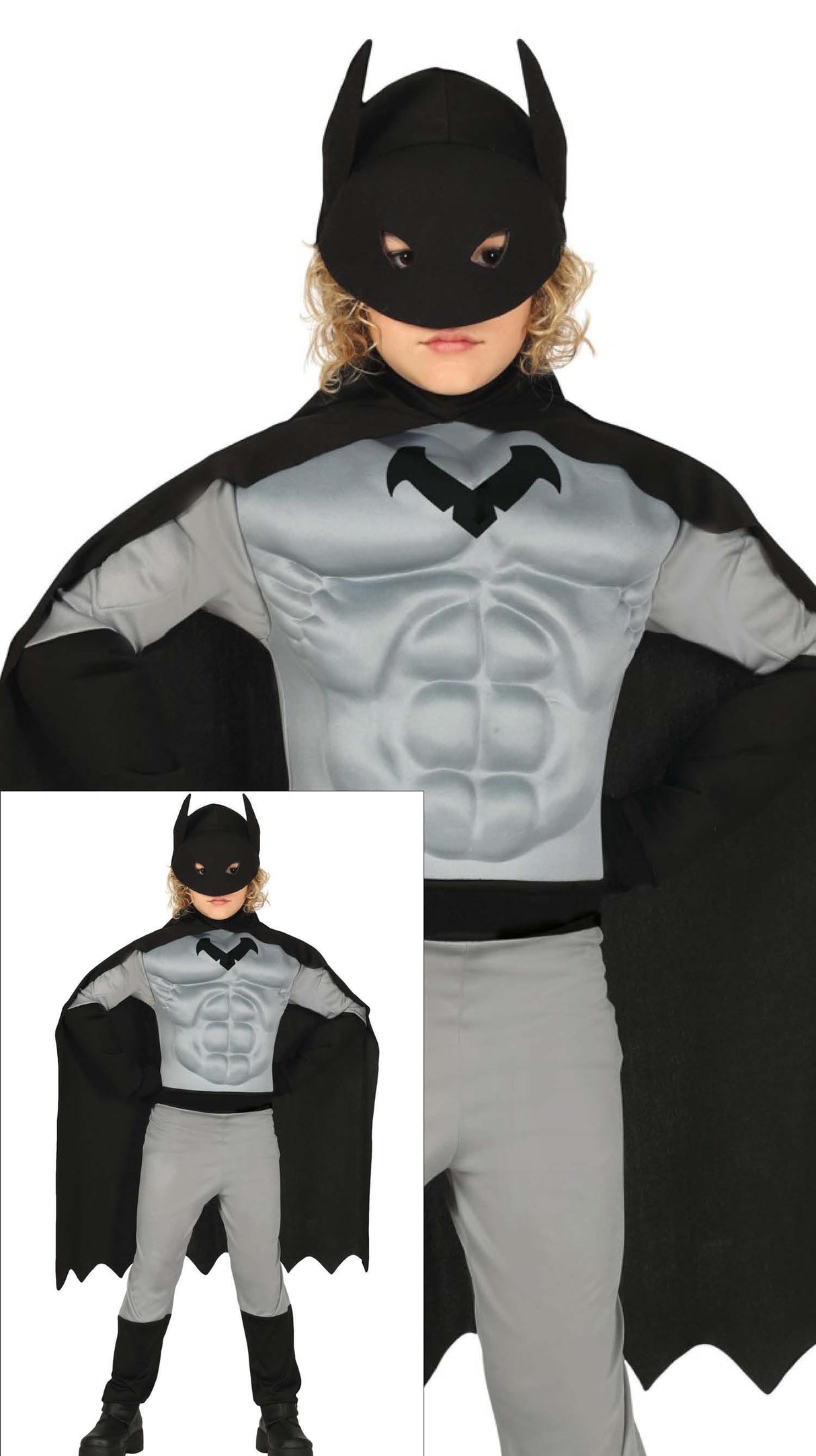 Children’s muscle superhero costume for boys ages 10 to 12, gray and black polyester, bat and cat theme.