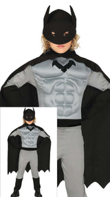 Children’s muscle superhero costume for boys ages 10 to 12, gray and black polyester, bat and cat theme.