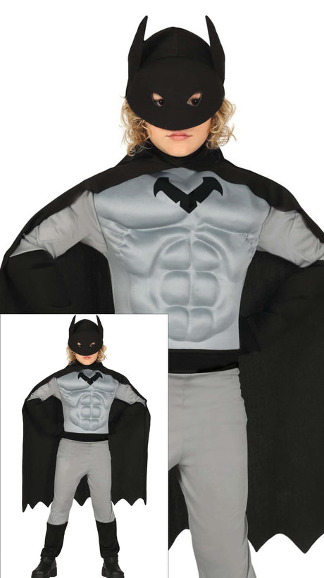 Children’s muscle superhero costume for boys ages 10 to 12, gray and black polyester, bat and cat theme.