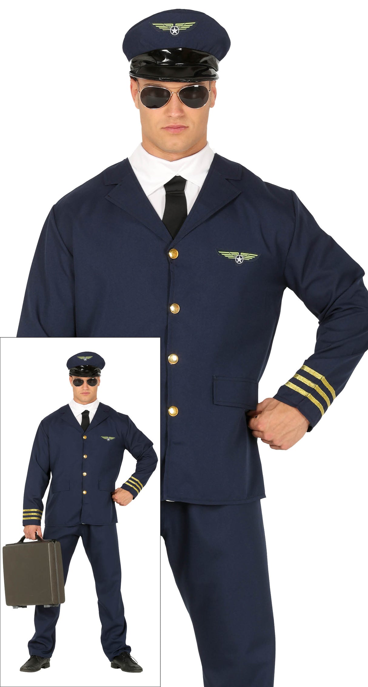Adult men's pilot costume in size large 52-54, blue polyester, ideal for themed parties and dress-up events.