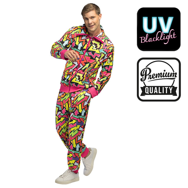 Men's street art tracksuit UV protection in size L, high quality 100% polyester, retro 80s and 90s old school disco style, ideal for adults.