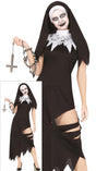 Adult women's cursed nun Halloween costume in black and white polyester, size medium, religious theme.