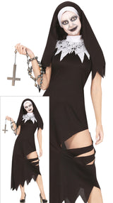 Adult women's cursed nun Halloween costume in black and white polyester, size large, perfect for religious themed Halloween parties.