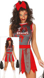 Adult women's zombie cheerleader costume in gray and red polyester, perfect for Halloween or sports-themed parties.
