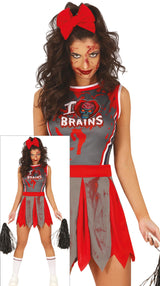 Adult women's zombie cheerleader costume in gray and red polyester, perfect for Halloween or sports-themed parties.