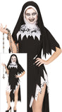 Adult women's cursed nun Halloween costume in black and white polyester, size medium, perfect for religious themed parties and spooky events.