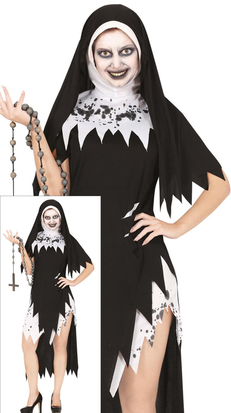 Adult cursed nun Halloween costume in black and white polyester, size large, for women, religious theme.
