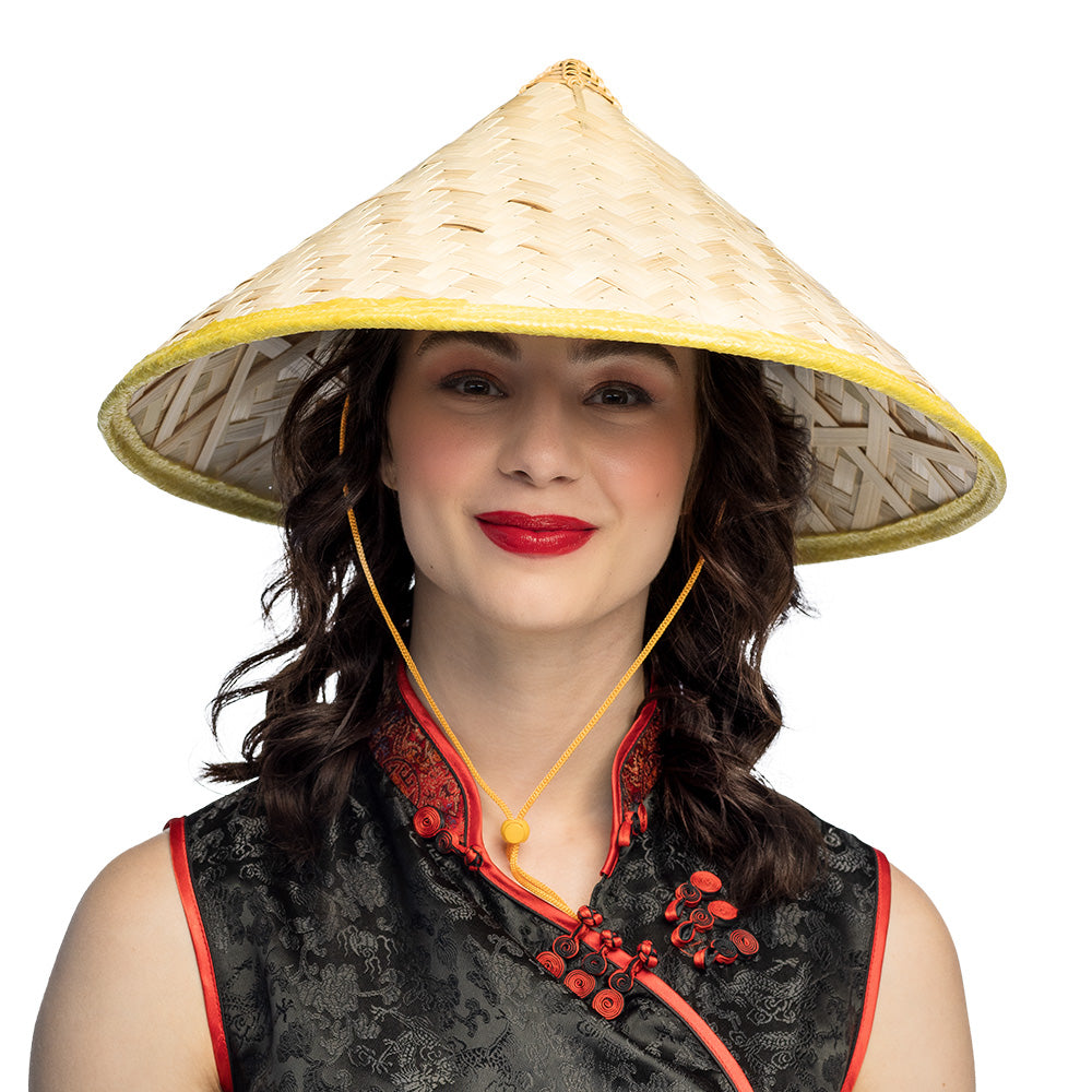 Oriental hat for adults made of straw, bamboo, and polyester, unisex design, 59 cm size, ideal for costumes or sun protection.