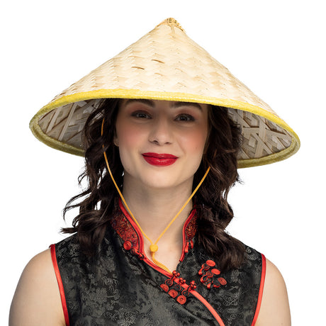 Oriental hat for adults made of straw, bamboo, and polyester, unisex design, 59 cm size, ideal for costumes or sun protection.
