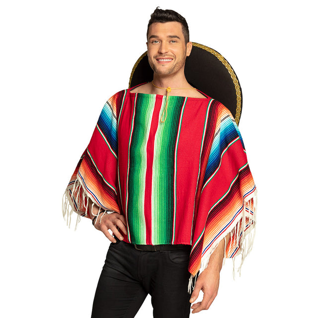 Men's Mexican poncho Rodrigo, one size, 100% acrylic, woven fabric with multicolor design, adult costume accessory.