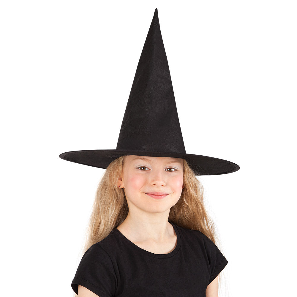 Black witch hat for children inspired by Ursula, made of polyester and iron, perfect for girls' Halloween costumes.