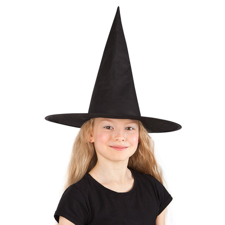 Black witch hat for children inspired by Ursula, made of polyester and iron, perfect for girls' Halloween costumes.