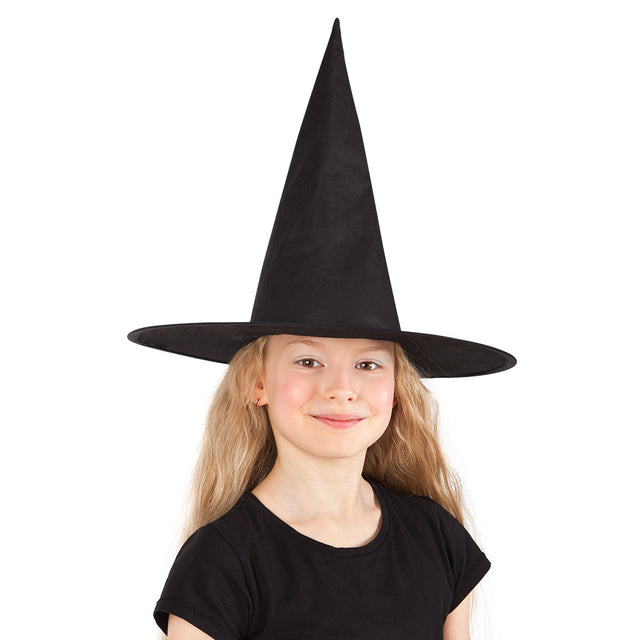 Black witch hat for children inspired by Ursula, made of polyester and iron, perfect for girls' Halloween costumes.