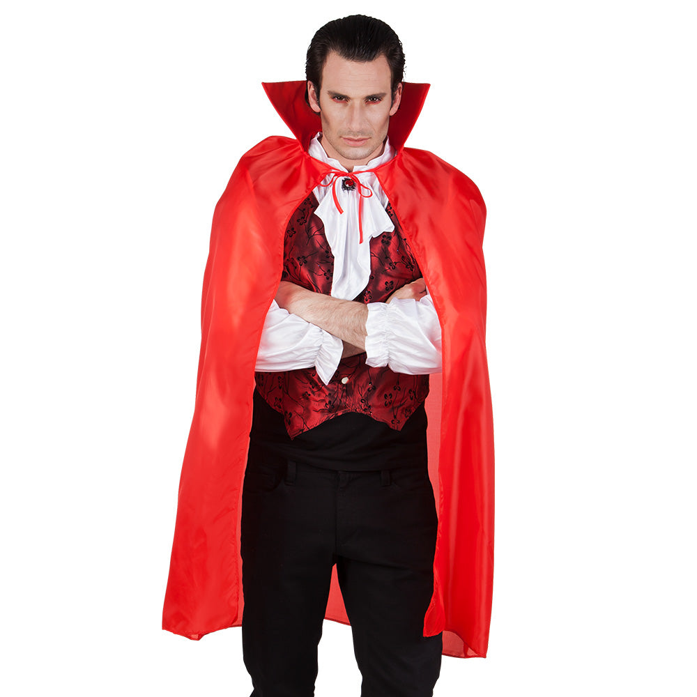 Red Bloodlust vampire cape for adults, 120 cm long, made of polyester and polyethylene, perfect for Halloween costumes.