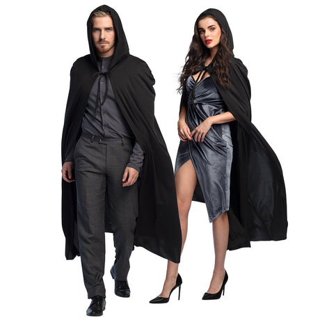 Black Dusk cape with hood for adults, 180 cm long, made of 100% polyester, perfect for vampire costumes, Halloween, and cosplay.