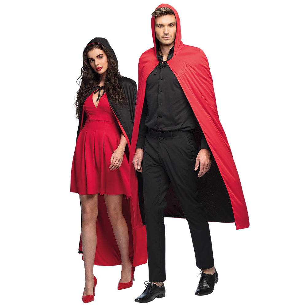 Reversible black and red Twilight cape for adults with hood, 170 cm long, perfect for vampire costumes and Halloween, made of 100% polyester.