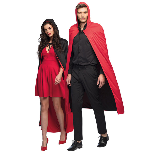 Reversible black and red Twilight cape for adults with hood, 170 cm long, perfect for vampire costumes and Halloween, made of 100% polyester.