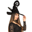Black witch hat for women with cock feathers, perfect Halloween costume accessory for adults, made of polyester, measuring 57 cm.