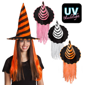 Witch hat for women with attached multicolored hair, perfect for adult Halloween costumes, made of polyester and PET.